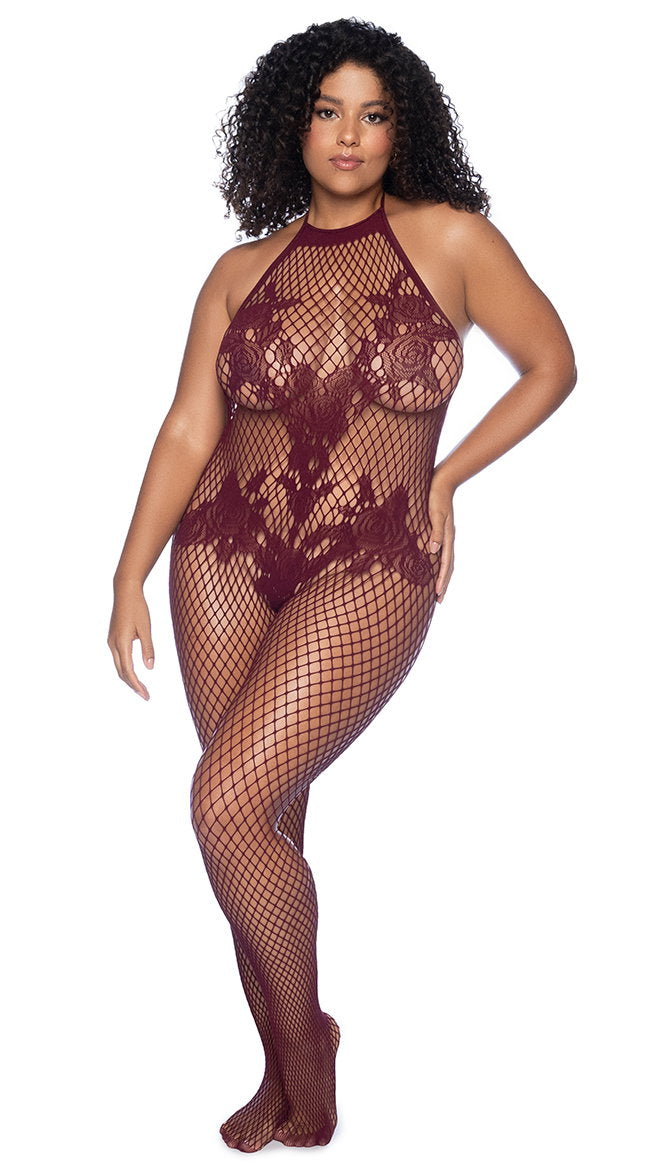 Plus Size Halter And Crotchless Floral Bodystocking