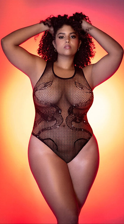 Plus Size Snake Fishnet Rhinestone Bodysuit