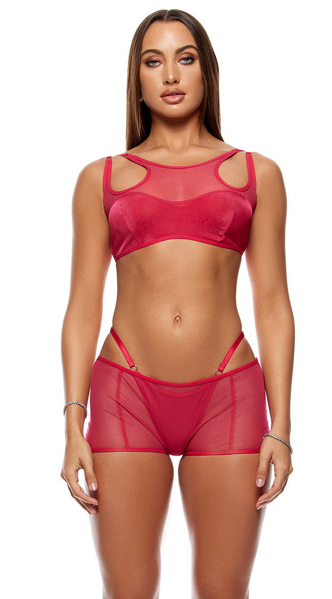 Layers To This Mesh And Knit Bra Top And Shorts Lingerie Set