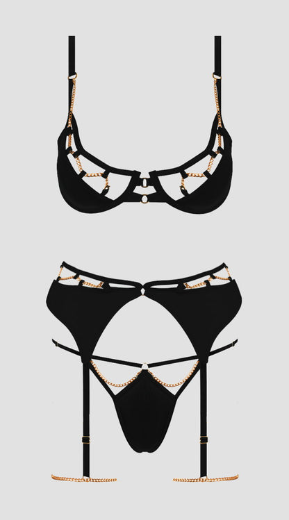 Plus Size Evangeline Satin & Chain Bra, Thigh Garter & G String Set
