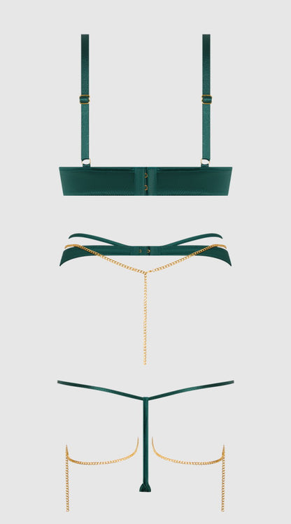 Plus Size Evangeline Satin & Chain Bra, Thigh Garter & G String Set