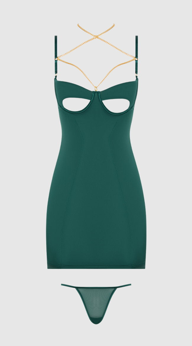 Evangeline Satin & Chain Cutout Cup & Open Back Chemise Set
