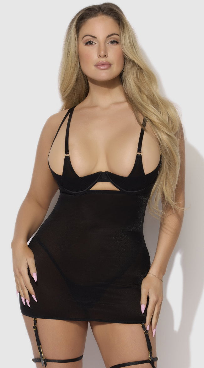 Plus Size Yasmine Shimmer Mesh O Ring Chemise Set