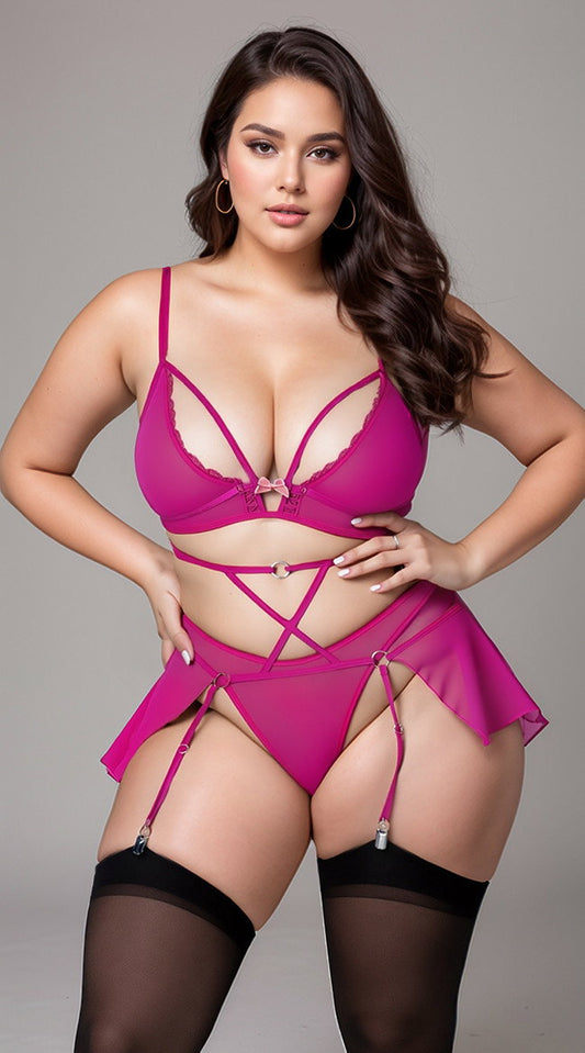 Bralette, High Leg Panty & Garter Skirt Set